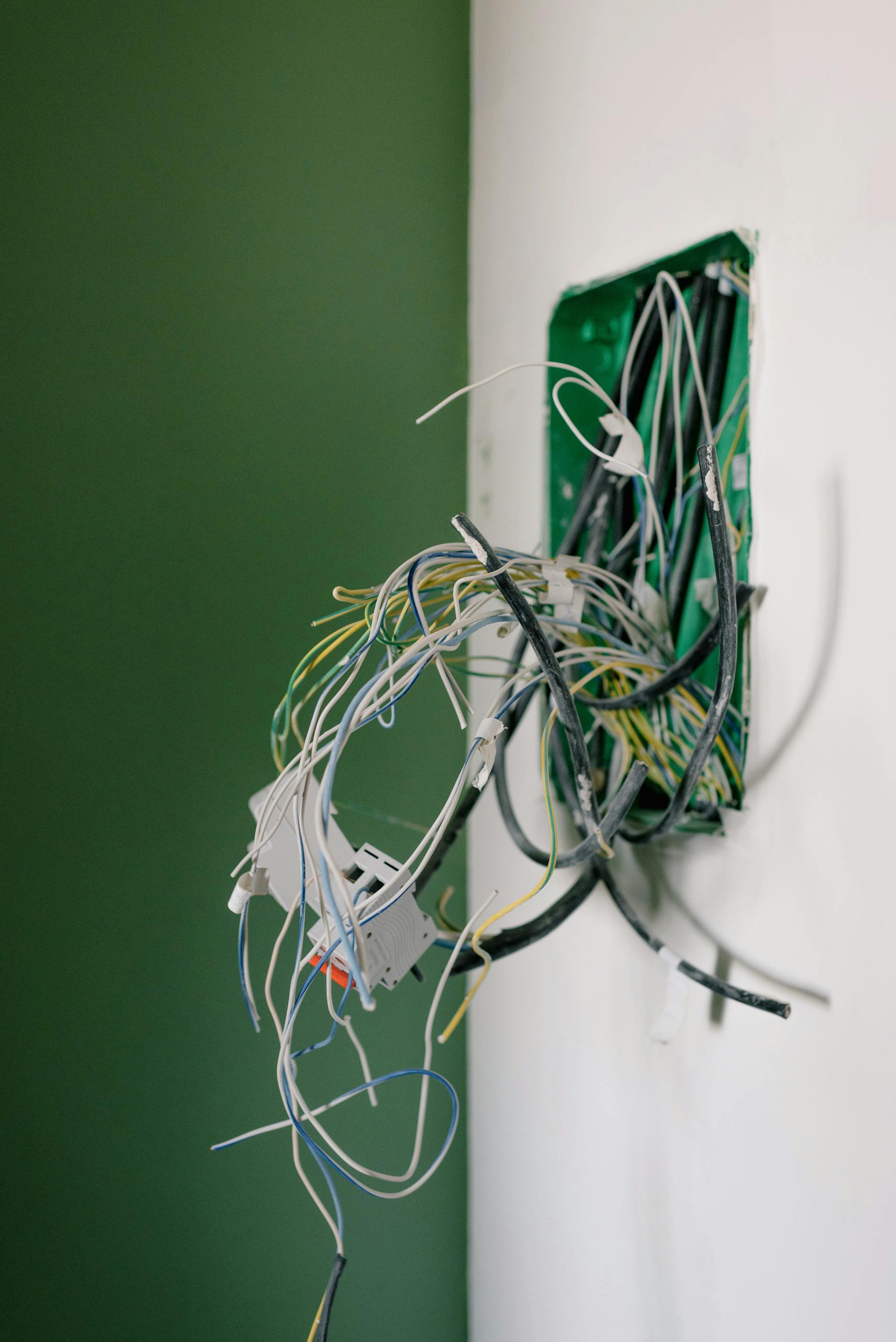 Anasayfa Opened power socket with various wires on white wall during repair at home